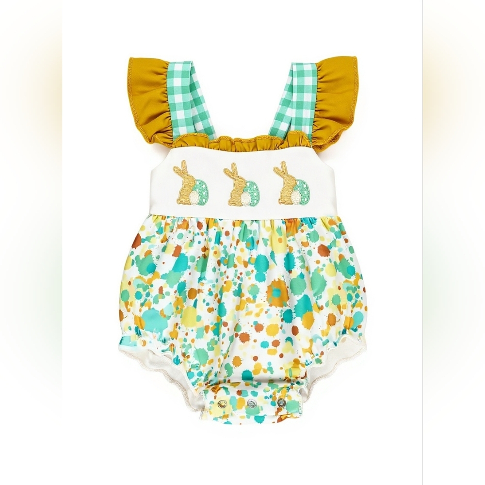 Marie Nicole Green Embroidered Bunny Gingham Ruffle Bubble Sz 12-18M